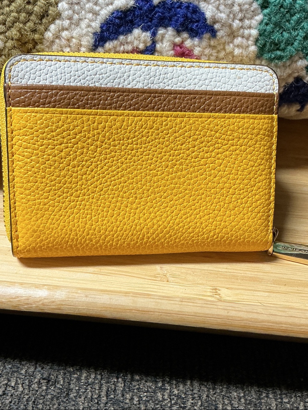 Michael Kors Yellow Pebbled Leather Zip Card Wallet with Brown and Cream Stripes - Picture 3 of 8